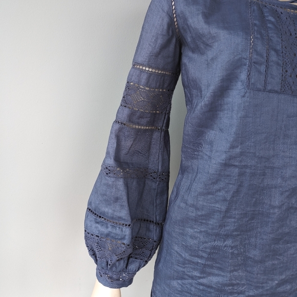 Irving & Fine Blue Crochet Long Sleeve Boho Tunic Top - Picture 5 of 9